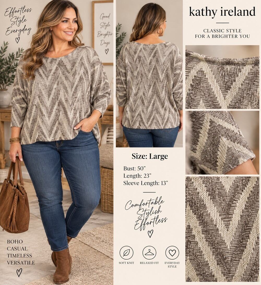 Kathy Ireland L Chevron Knit Top Taupe Beige Oversized Dolman Sleeve Boho Fall